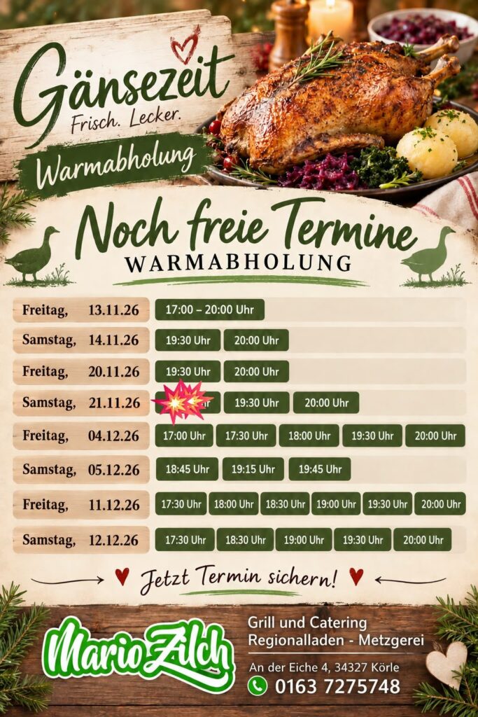 Plakat Gänsezeit Warmabholung von Mario Zilch mit den noch freien Abholterminen im November und Dezember 2026