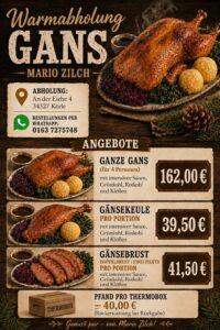 Plakat Warmabholung Gans von Mario Zilch mit den Preisen für die Gänsesaison 2026